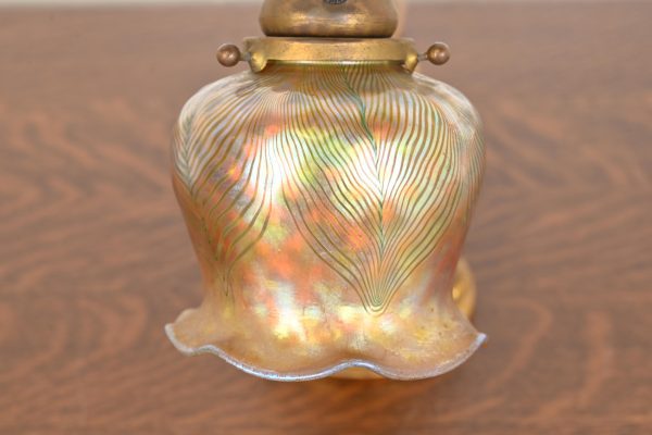 Tiffany Studios New York Bronze Doré Counterbalance Desk Lamp With Favrile Glass Pulled Feather Shade, Circa 1910 - Image 4