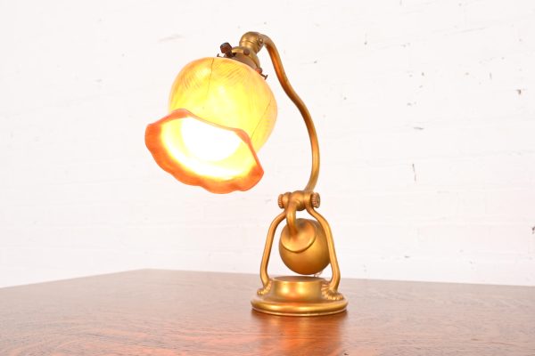 Tiffany Studios New York Bronze Doré Counterbalance Desk Lamp With Favrile Glass Pulled Feather Shade, Circa 1910 - Image 8