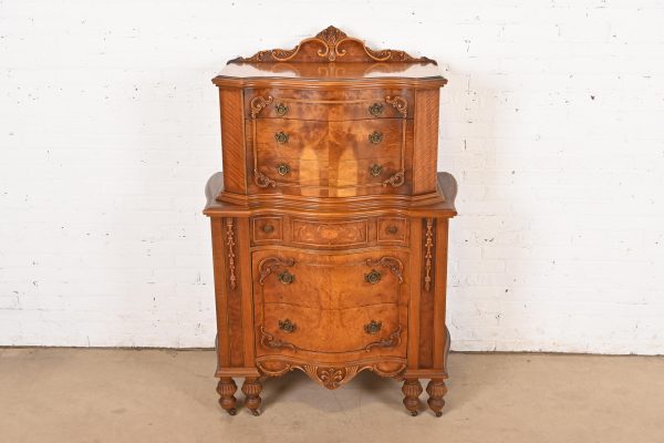 Romweber Style French Art Deco Burled Walnut Highboy Dresser, Circa 1920s - Image 2