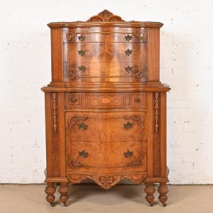 Romweber Style French Art Deco Burled Walnut Highboy Dresser, Circa 1920s