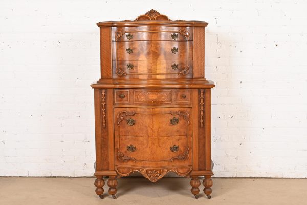 Romweber Style French Art Deco Burled Walnut Highboy Dresser, Circa 1920s