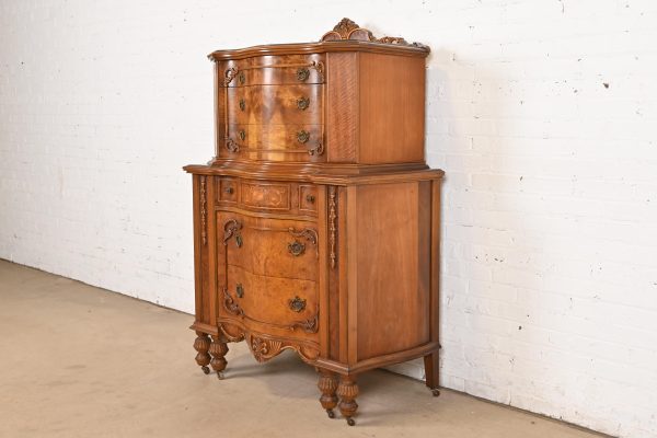 Romweber Style French Art Deco Burled Walnut Highboy Dresser, Circa 1920s - Image 3