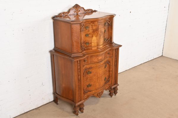Romweber Style French Art Deco Burled Walnut Highboy Dresser, Circa 1920s - Image 4