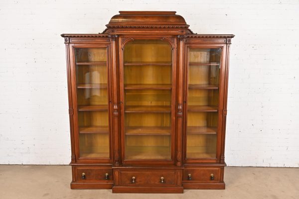 Herter Brothers Style Monumental Antique Eastlake Victorian Carved Burled Walnut Triple Bookcase, Circa 1880s - Image 2
