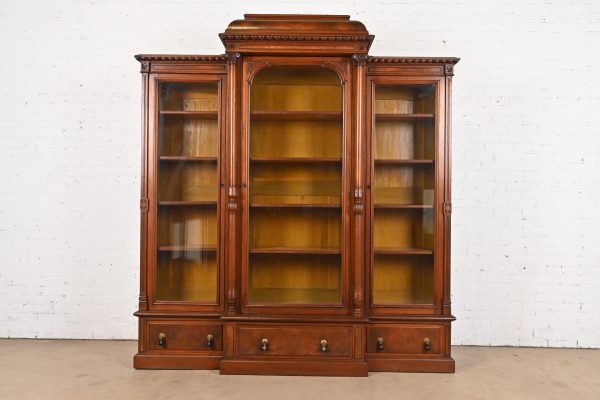 Herter Brothers Style Monumental Antique Eastlake Victorian Carved Burled Walnut Triple Bookcase, Circa 1880s