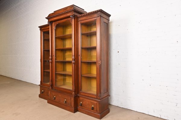 Herter Brothers Style Monumental Antique Eastlake Victorian Carved Burled Walnut Triple Bookcase, Circa 1880s - Image 3