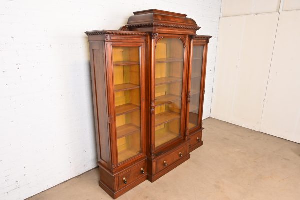 Herter Brothers Style Monumental Antique Eastlake Victorian Carved Burled Walnut Triple Bookcase, Circa 1880s - Image 4