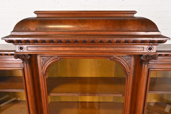 Herter Brothers Style Monumental Antique Eastlake Victorian Carved Burled Walnut Triple Bookcase, Circa 1880s - Image 7