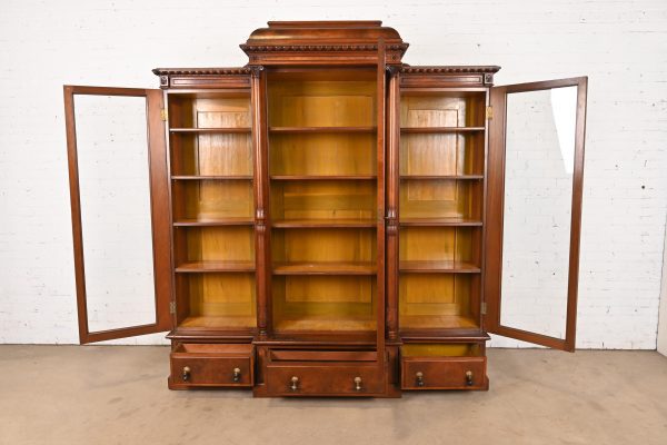 Herter Brothers Style Monumental Antique Eastlake Victorian Carved Burled Walnut Triple Bookcase, Circa 1880s - Image 5