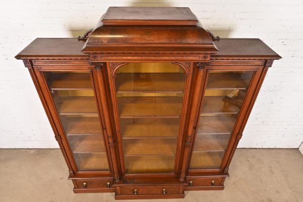 Herter Brothers Style Monumental Antique Eastlake Victorian Carved Burled Walnut Triple Bookcase, Circa 1880s - Image 6
