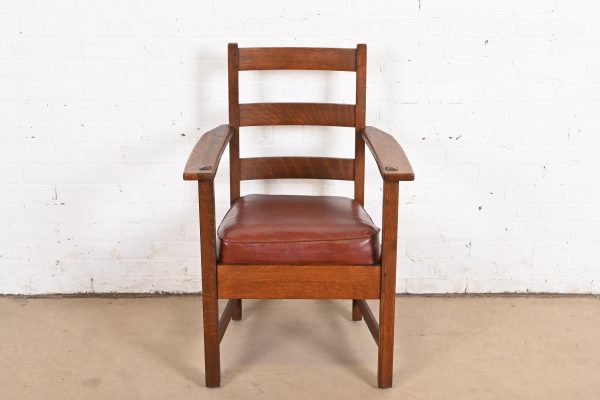 L. & J. G. Stickley Antique Mission Oak Arts & Crafts Ladder Back Armchair - Image 3