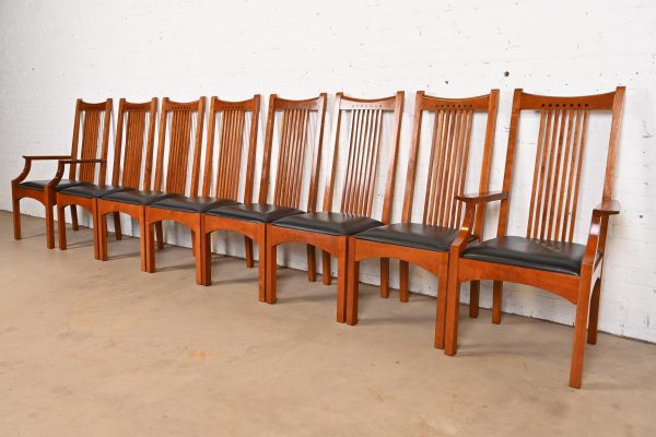 Stickley Mission Arts & Crafts Cherry Wood Spindle Dining Chairs, Set of Eight