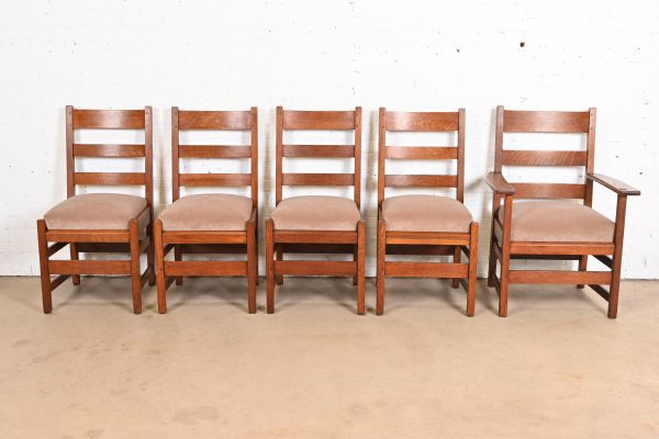 L. & J. G. Stickley Antique Mission Oak Arts & Crafts Ladder Back Dining Chairs, Set of Five - Image 4