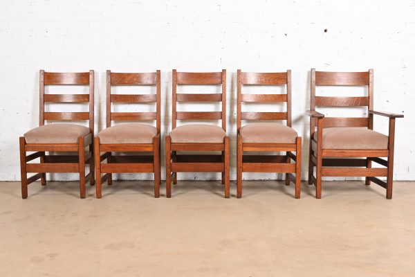 L. & J. G. Stickley Antique Mission Oak Arts & Crafts Ladder Back Dining Chairs, Set of Five - Image 2