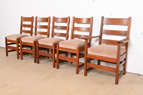 L. & J. G. Stickley Antique Mission Oak Arts & Crafts Ladder Back Dining Chairs, Set of Five