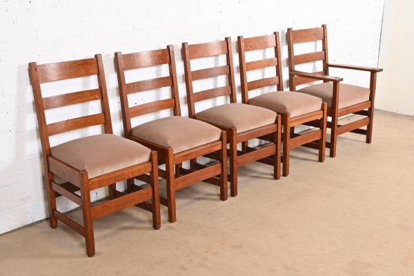 L. & J. G. Stickley Antique Mission Oak Arts & Crafts Ladder Back Dining Chairs, Set of Five - Image 3