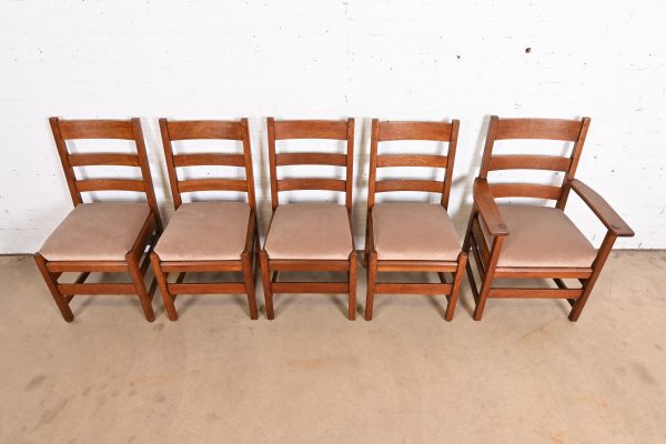 L. & J. G. Stickley Antique Mission Oak Arts & Crafts Ladder Back Dining Chairs, Set of Five - Image 5