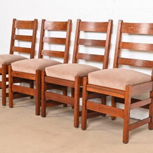L. & J. G. Stickley Antique Mission Oak Arts & Crafts Ladder Back Dining Chairs, Set of Four