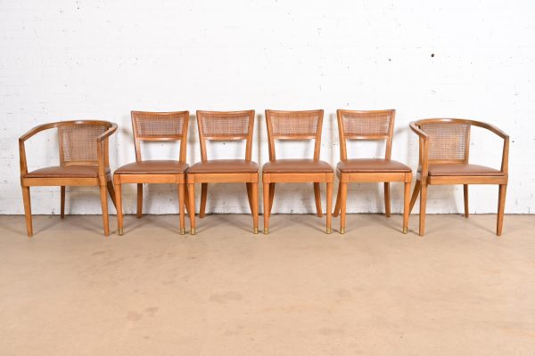 Drexel Mid-Century Modern Sculpted Walnut and Cane Dining Chairs, Set of Six