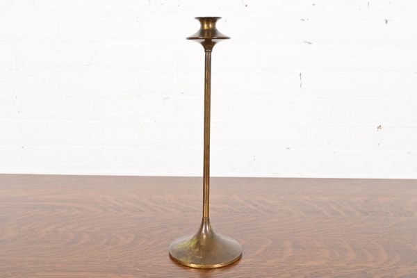 Robert Jarvie Style Antique Arts & Crafts Turned Brass Tall Candlestick