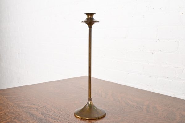 Robert Jarvie Style Antique Arts & Crafts Turned Brass Tall Candlestick - Image 2