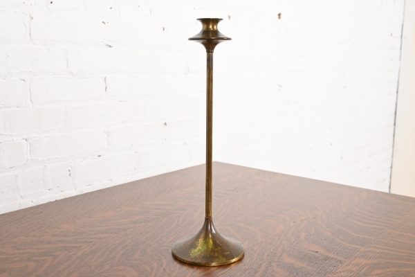 Robert Jarvie Style Antique Arts & Crafts Turned Brass Tall Candlestick - Image 3