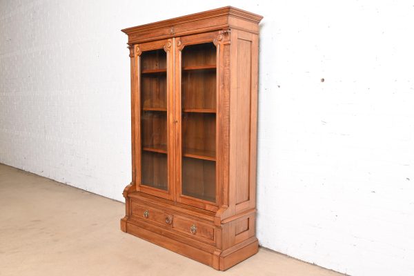 Herter Brothers Style Antique Eastlake Victorian Carved Walnut Glass Front Bookcase, Circa 1880s - Image 3