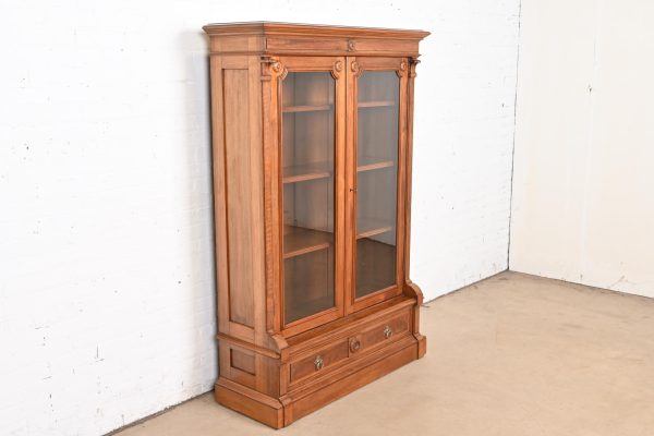 Herter Brothers Style Antique Eastlake Victorian Carved Walnut Glass Front Bookcase, Circa 1880s - Image 4