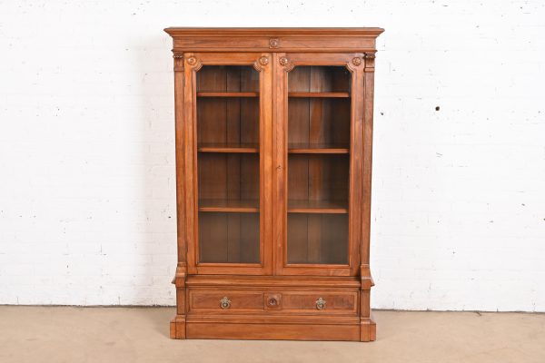 Herter Brothers Style Antique Eastlake Victorian Carved Walnut Glass Front Bookcase, Circa 1880s - Image 2