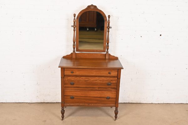 Baker Furniture Style Antique French Regency Louis XVI Carved Mahogany Vanity Dresser With Mirror, Circa 1920s - Image 2