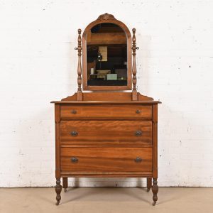 Baker Furniture Style Antique French Regency Louis XVI Carved Mahogany Vanity Dresser With Mirror, Circa 1920s