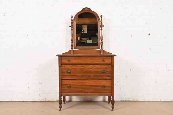 Baker Furniture Style Antique French Regency Louis XVI Carved Mahogany Vanity Dresser With Mirror, Circa 1920s