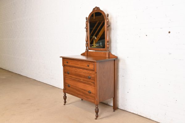 Baker Furniture Style Antique French Regency Louis XVI Carved Mahogany Vanity Dresser With Mirror, Circa 1920s - Image 3