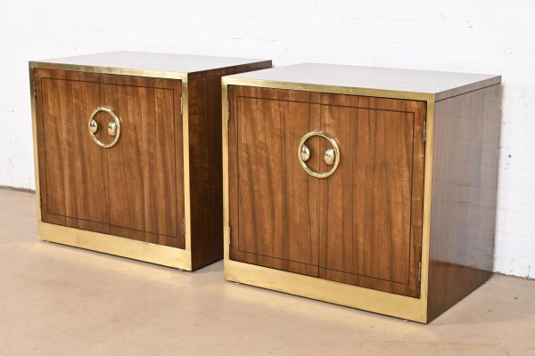 Mastercraft Mid-Century Hollywood Regency Campaign Walnut and Brass Nightstands, Pair
