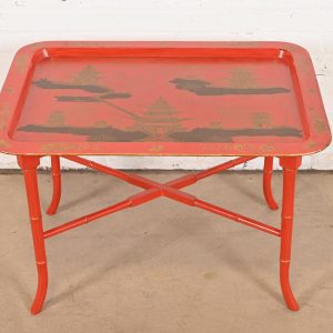 Baker Furniture Style Hollywood Regency Chinoiserie Red Lacquered Faux Bamboo Coffee Table