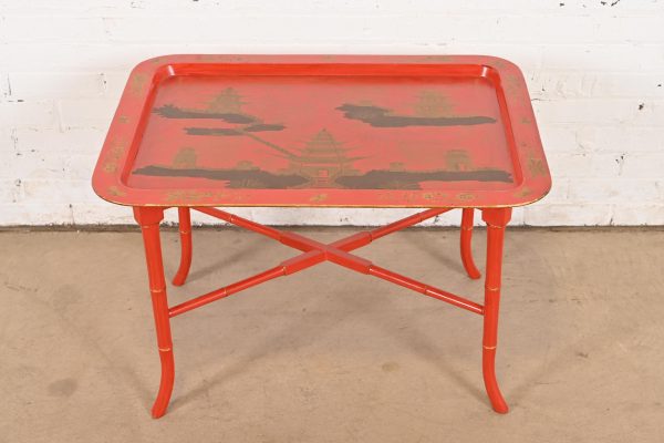 Baker Furniture Style Hollywood Regency Chinoiserie Red Lacquered Faux Bamboo Coffee Table