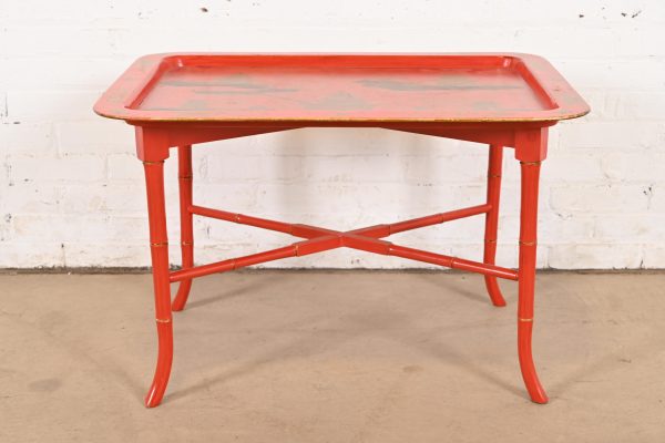 Baker Furniture Style Hollywood Regency Chinoiserie Red Lacquered Faux Bamboo Coffee Table - Image 3