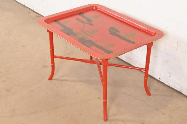 Baker Furniture Style Hollywood Regency Chinoiserie Red Lacquered Faux Bamboo Coffee Table - Image 2