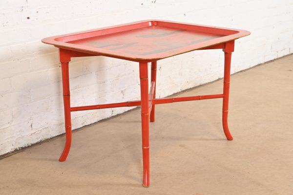 Baker Furniture Style Hollywood Regency Chinoiserie Red Lacquered Faux Bamboo Coffee Table - Image 4
