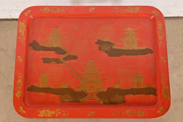 Baker Furniture Style Hollywood Regency Chinoiserie Red Lacquered Faux Bamboo Coffee Table - Image 5