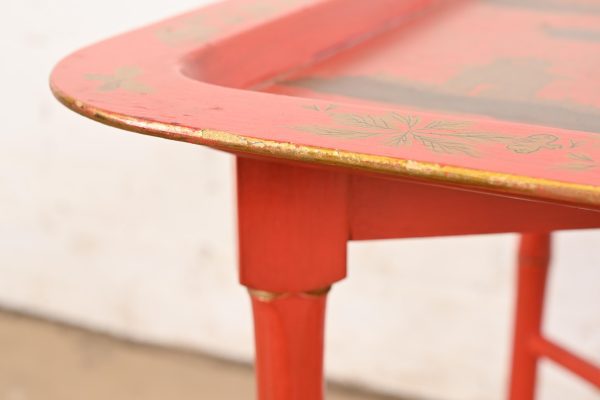 Baker Furniture Style Hollywood Regency Chinoiserie Red Lacquered Faux Bamboo Coffee Table - Image 6