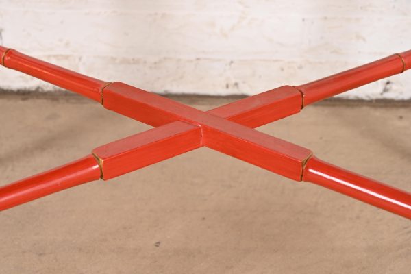 Baker Furniture Style Hollywood Regency Chinoiserie Red Lacquered Faux Bamboo Coffee Table - Image 7