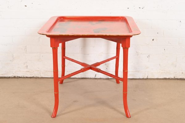 Baker Furniture Style Hollywood Regency Chinoiserie Red Lacquered Faux Bamboo Coffee Table - Image 8