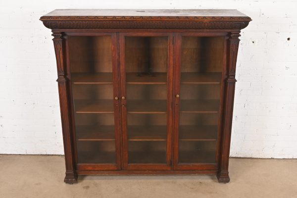 R. J. Horner Style American Empire Carved Oak Glass Front Triple Bookcase Cabinet, Circa 1890 - Image 2