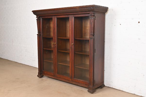 R. J. Horner Style American Empire Carved Oak Glass Front Triple Bookcase Cabinet, Circa 1890 - Image 3