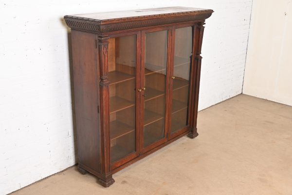 R. J. Horner Style American Empire Carved Oak Glass Front Triple Bookcase Cabinet, Circa 1890 - Image 4
