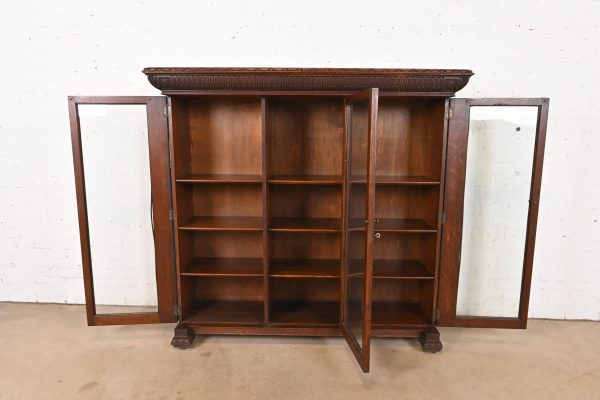 R. J. Horner Style American Empire Carved Oak Glass Front Triple Bookcase Cabinet, Circa 1890 - Image 5