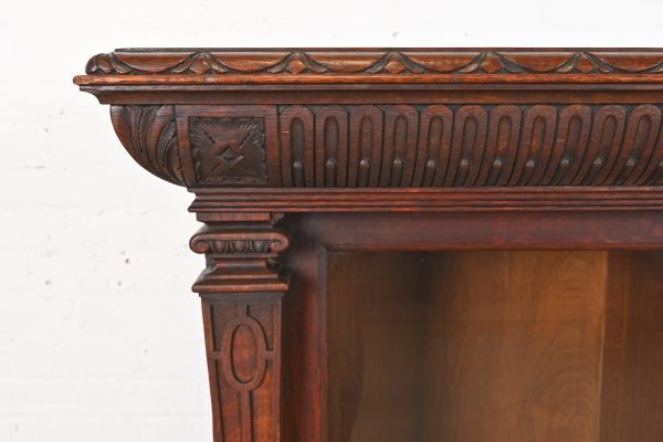 R. J. Horner Style American Empire Carved Oak Glass Front Triple Bookcase Cabinet, Circa 1890 - Image 7