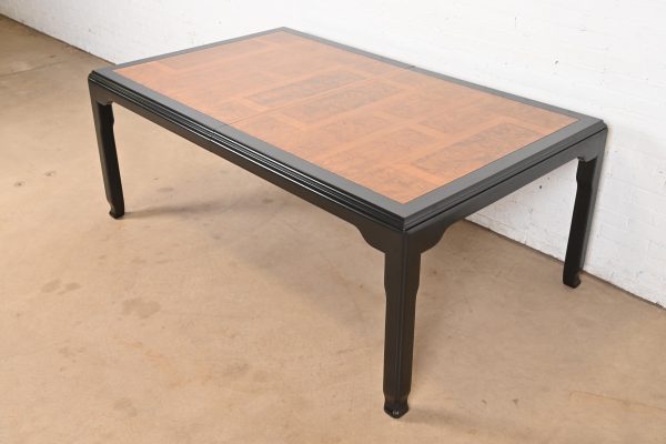 Raymond Sobota for Century Furniture Hollywood Regency Chinoiserie Burl Wood and Black Lacquer Extension Dining Table, Refinished - Image 8