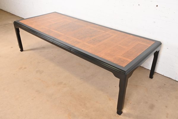 Raymond Sobota for Century Furniture Hollywood Regency Chinoiserie Burl Wood and Black Lacquer Extension Dining Table, Refinished